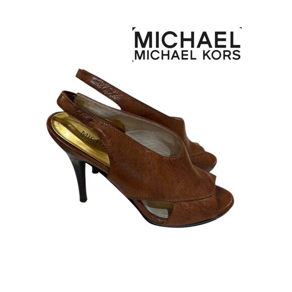 MICHAEL Michael Kors Women’s Brown Leather Cutout Peep Toe Slingback Heels 7.5 - Picture 2 of 6